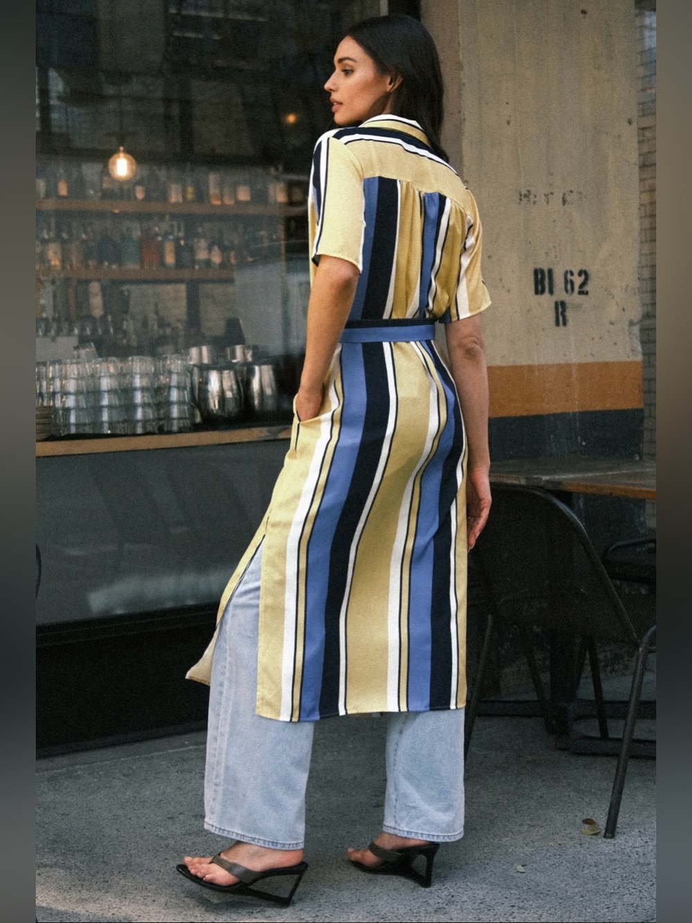 Cupshe • Women’s Blue & Yellow Stripe Collared Front Button Midi T-Shirt Dress - Picture 6 of 6